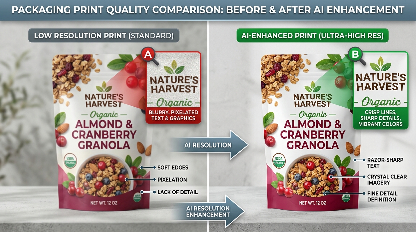 Side-by-side comparison of 72 PPI Web graphics vs 300 PPI print-ready files on plastic film