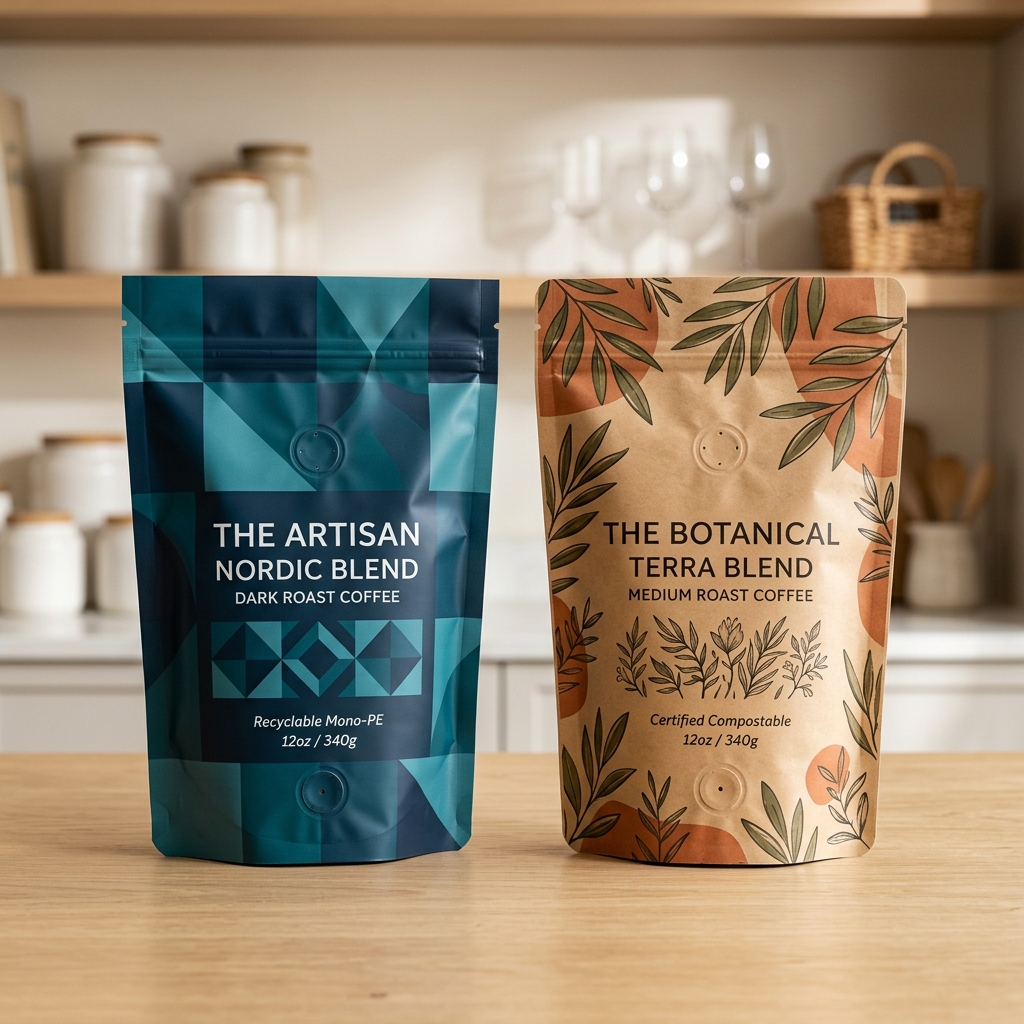 Compostable Kraft and Recyclable Mono-PE coffee bags by Achieve Pack