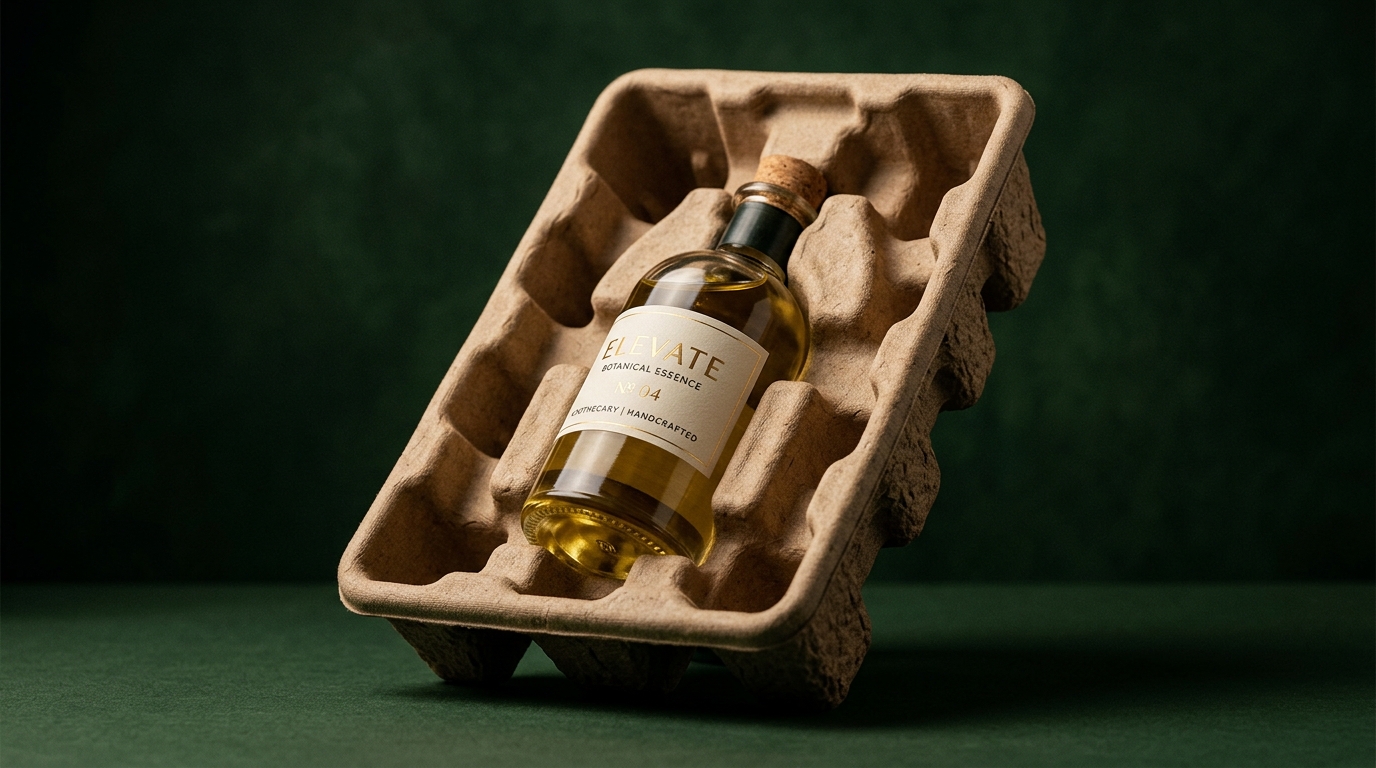 Molded pulp packaging securely holding a glass bottle