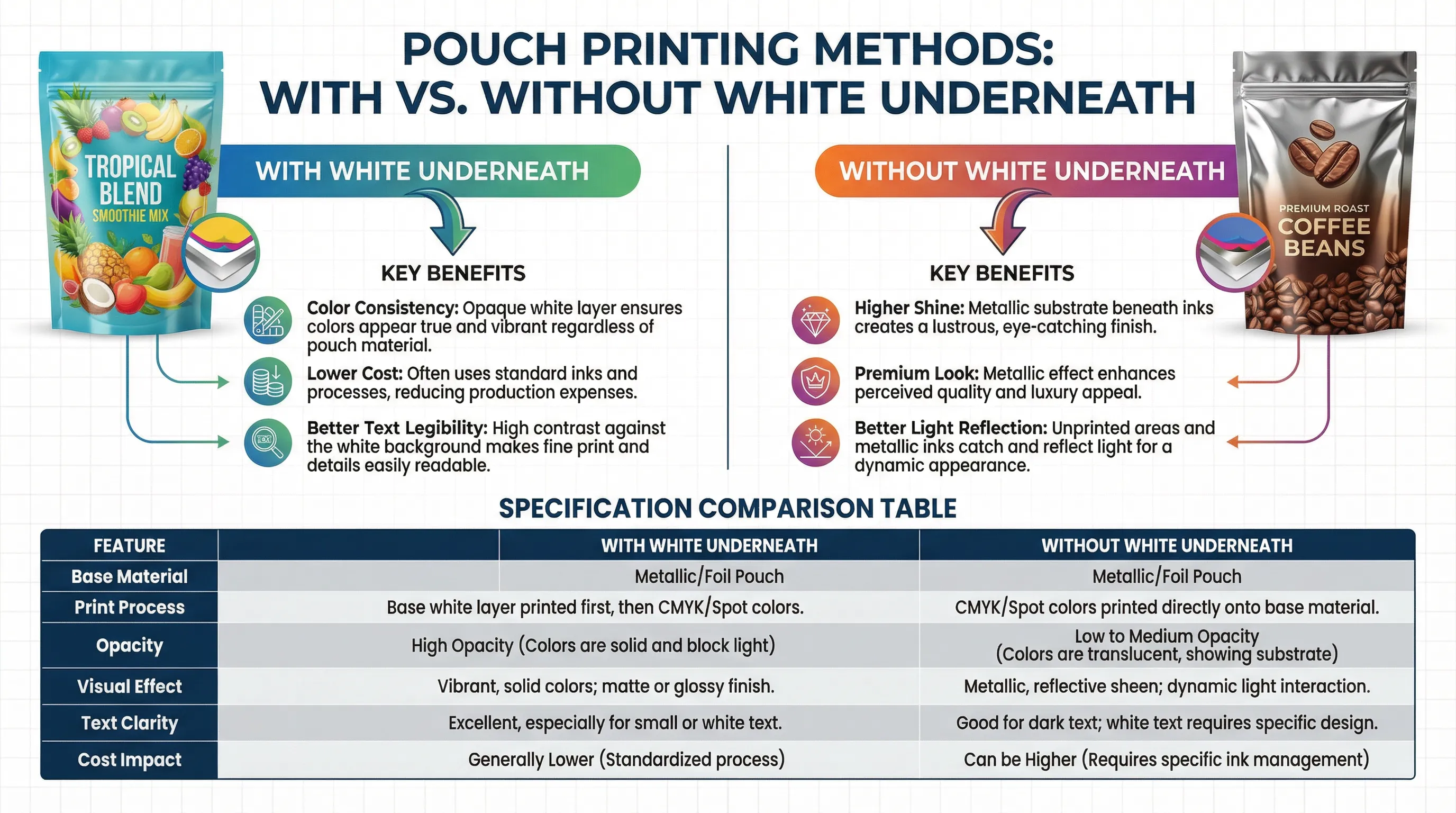 Comparison infographic showing gold printing with and without white ink underneath