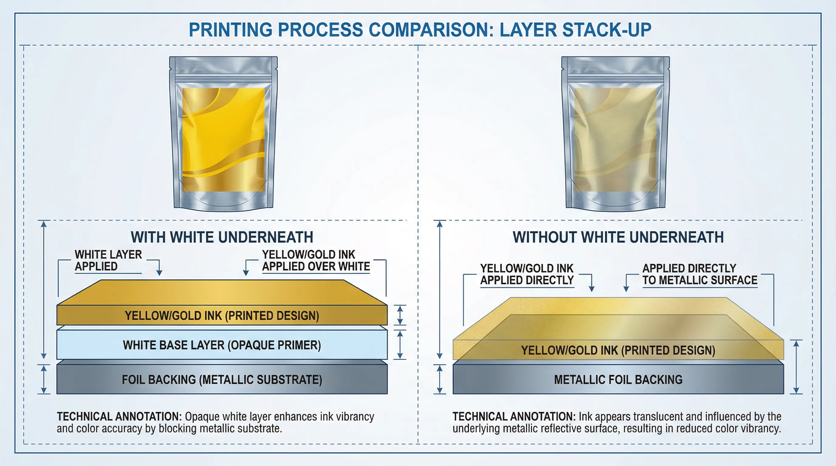 Technical diagram showing white ink base layer beneath gold printing