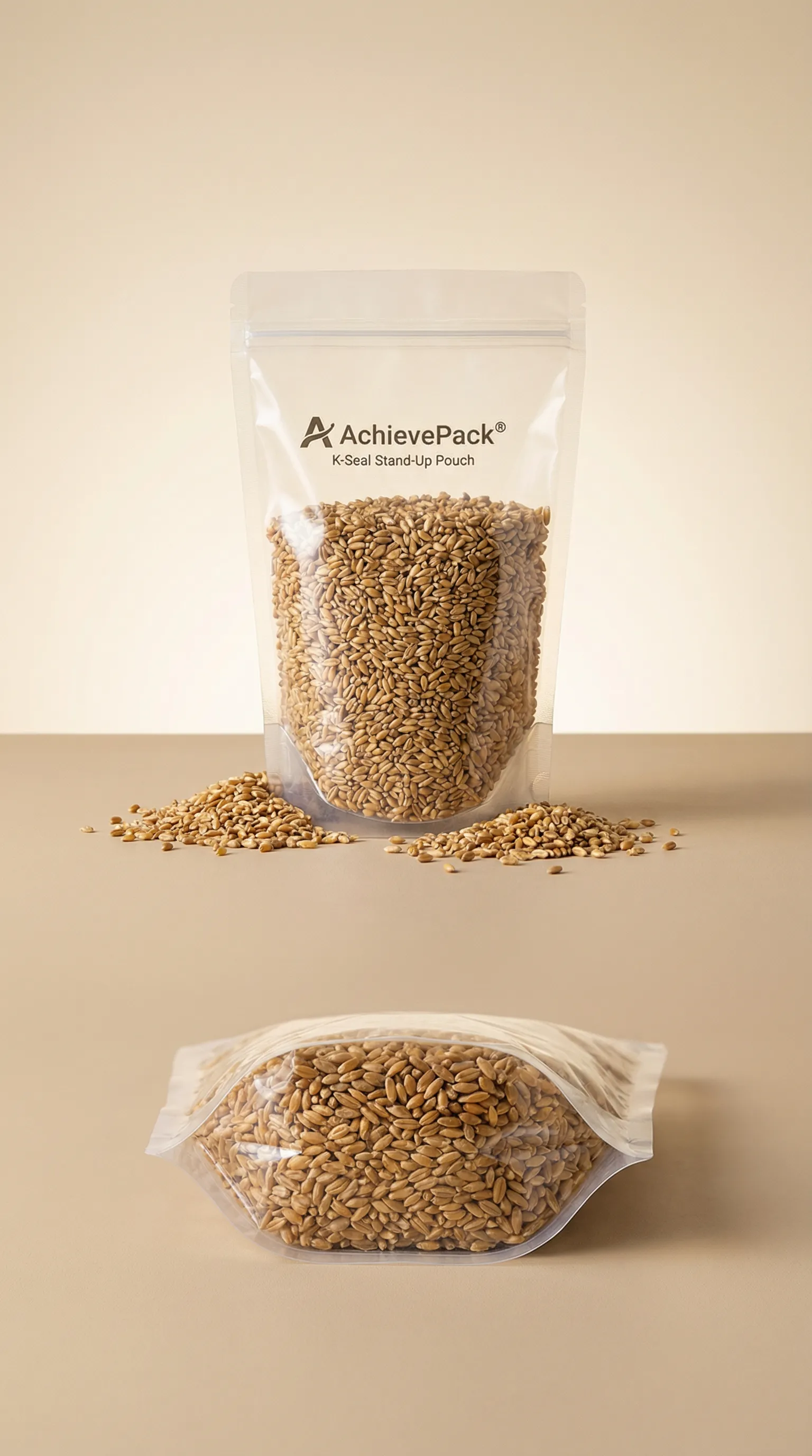 K-seal pouch filled with grains and cereal products showing stable standing position