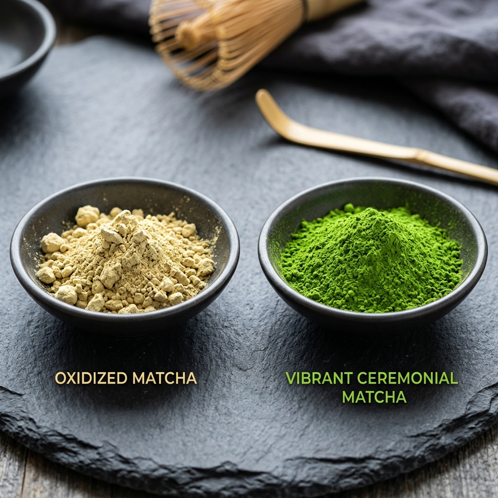 Side-by-side comparison of oxidized yellowish matcha vs vibrant green matcha in foil sachet