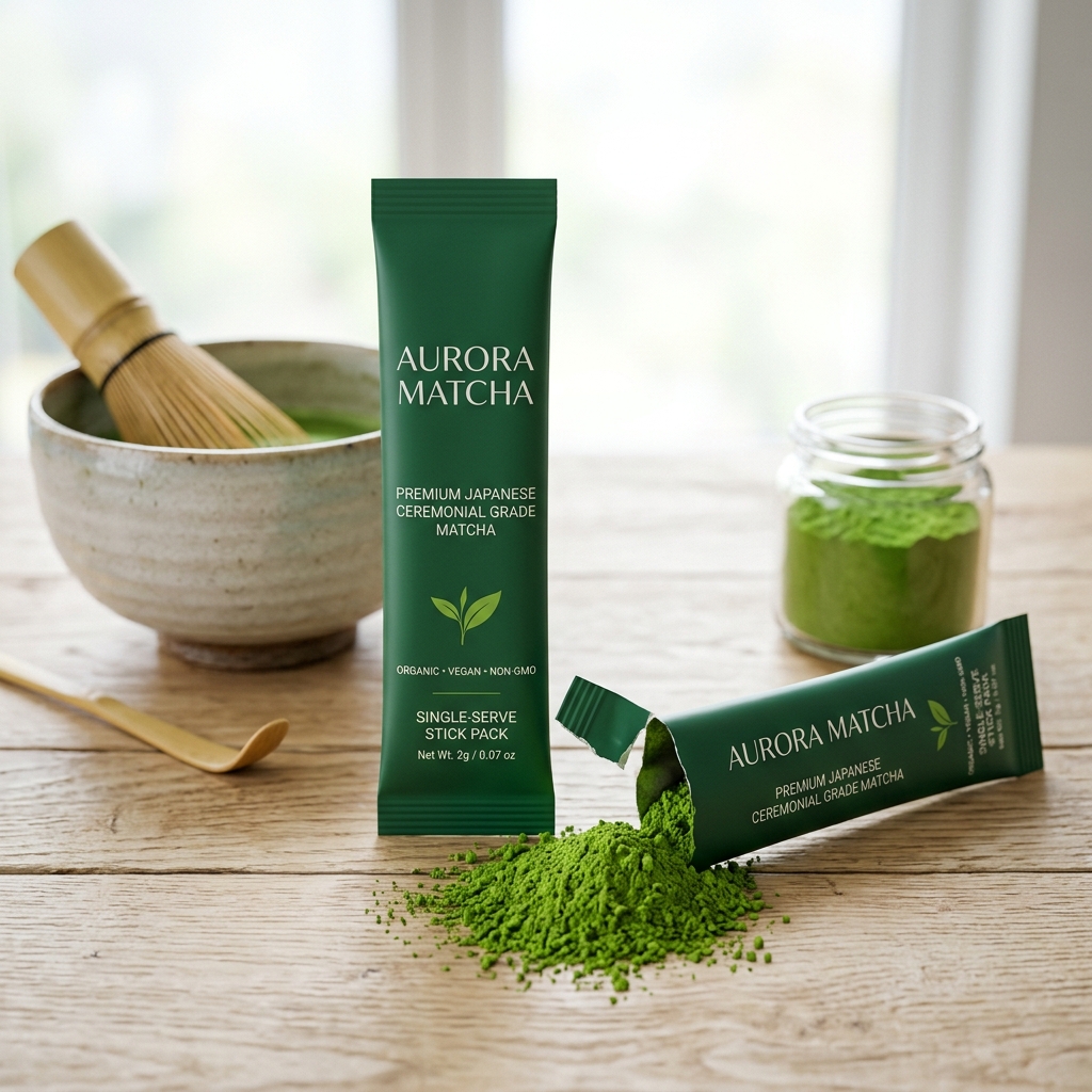 Premium matcha green tea sachet stick packs with vibrant green powder